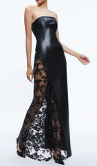 Caley Black Strapless Leather & Sheer Lace Maxi Dress