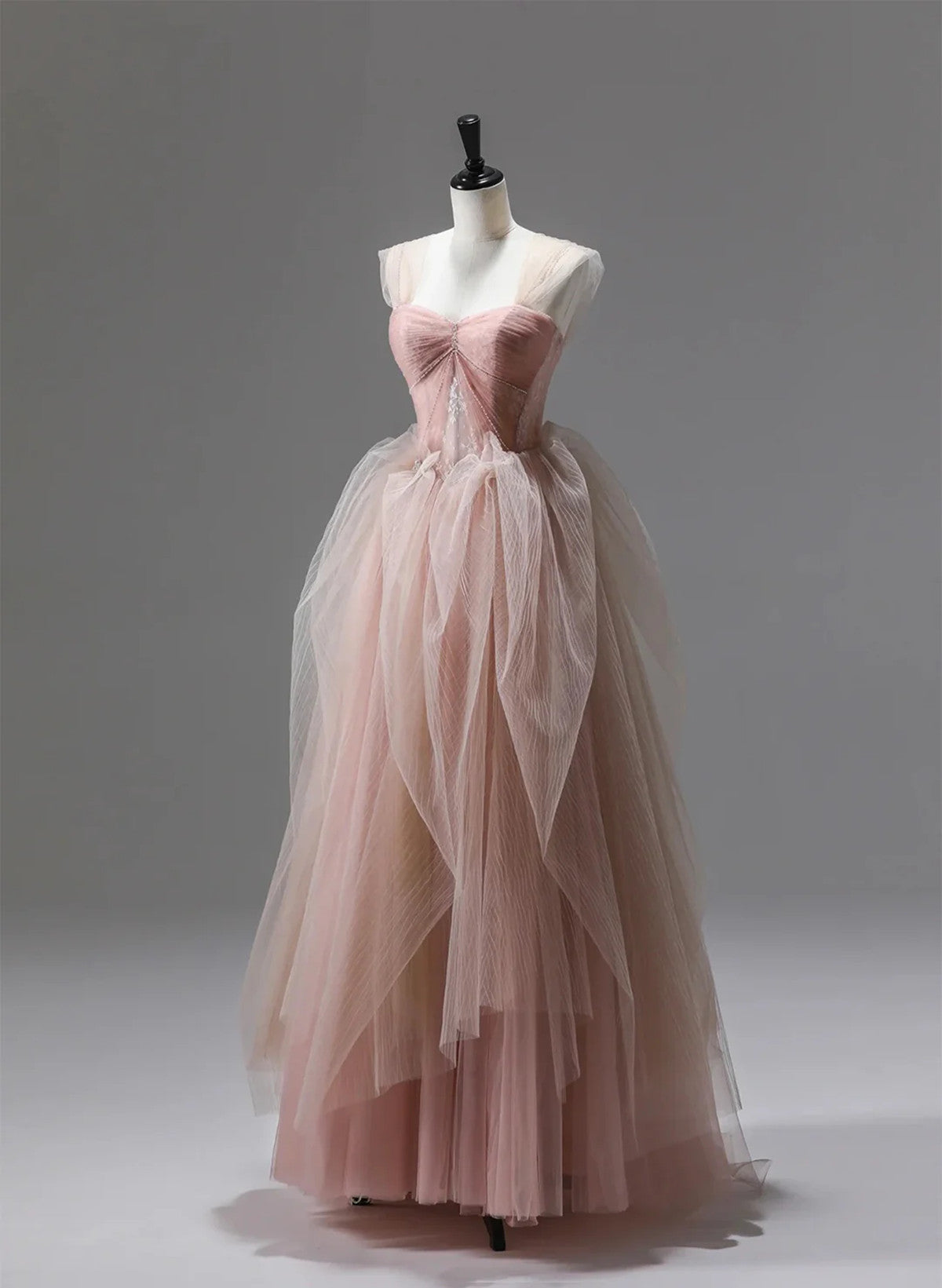 Vestido de fiesta largo de tul rosa con cuentas y vestido de graduación 