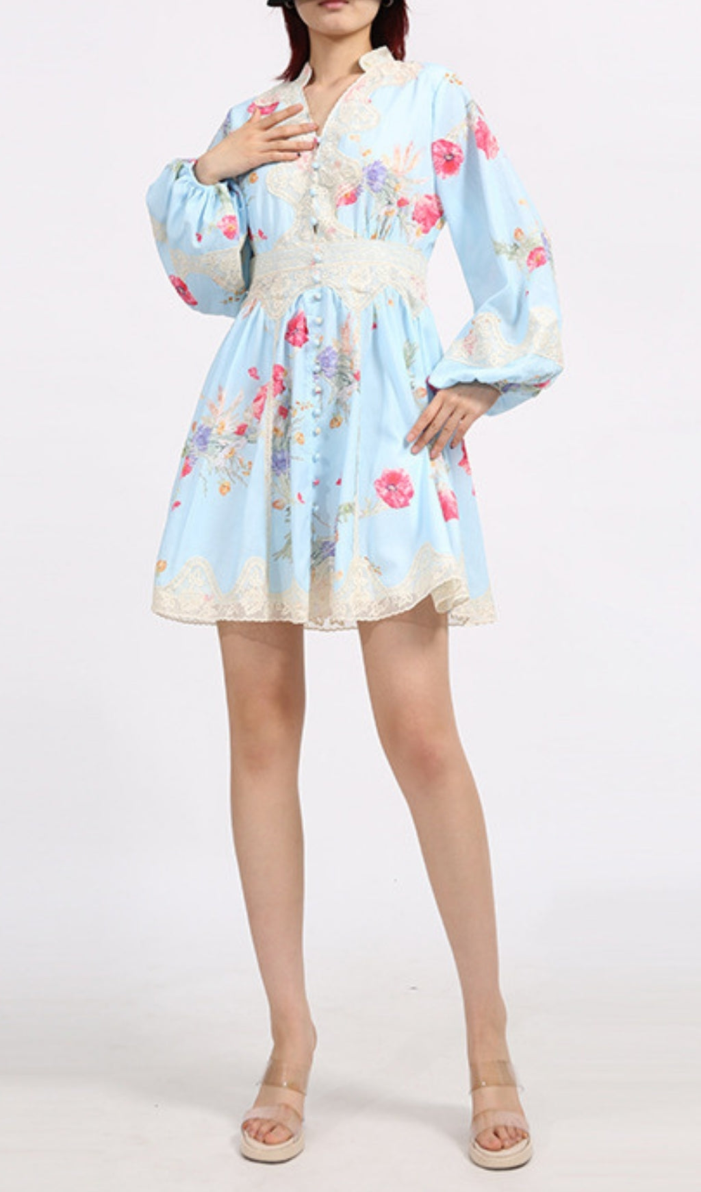 Chic Blue Floral Puff Sleeve Mini Dress with Lace Trim