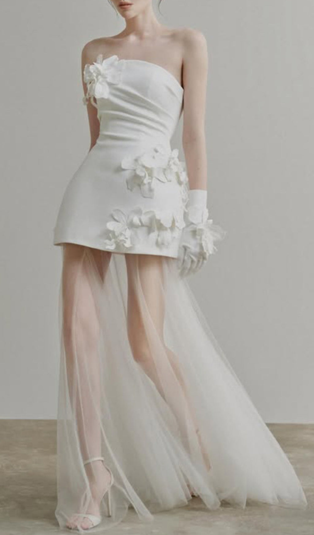 Doli White Strapless 3D Floral Sheer Tulle Statement Gown