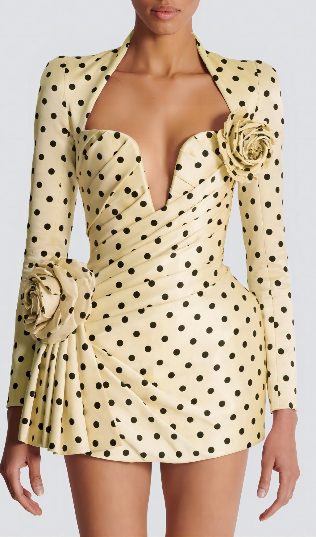 Vivacious Yellow Polka Dot Ruched Mini Dress with Rose Accents