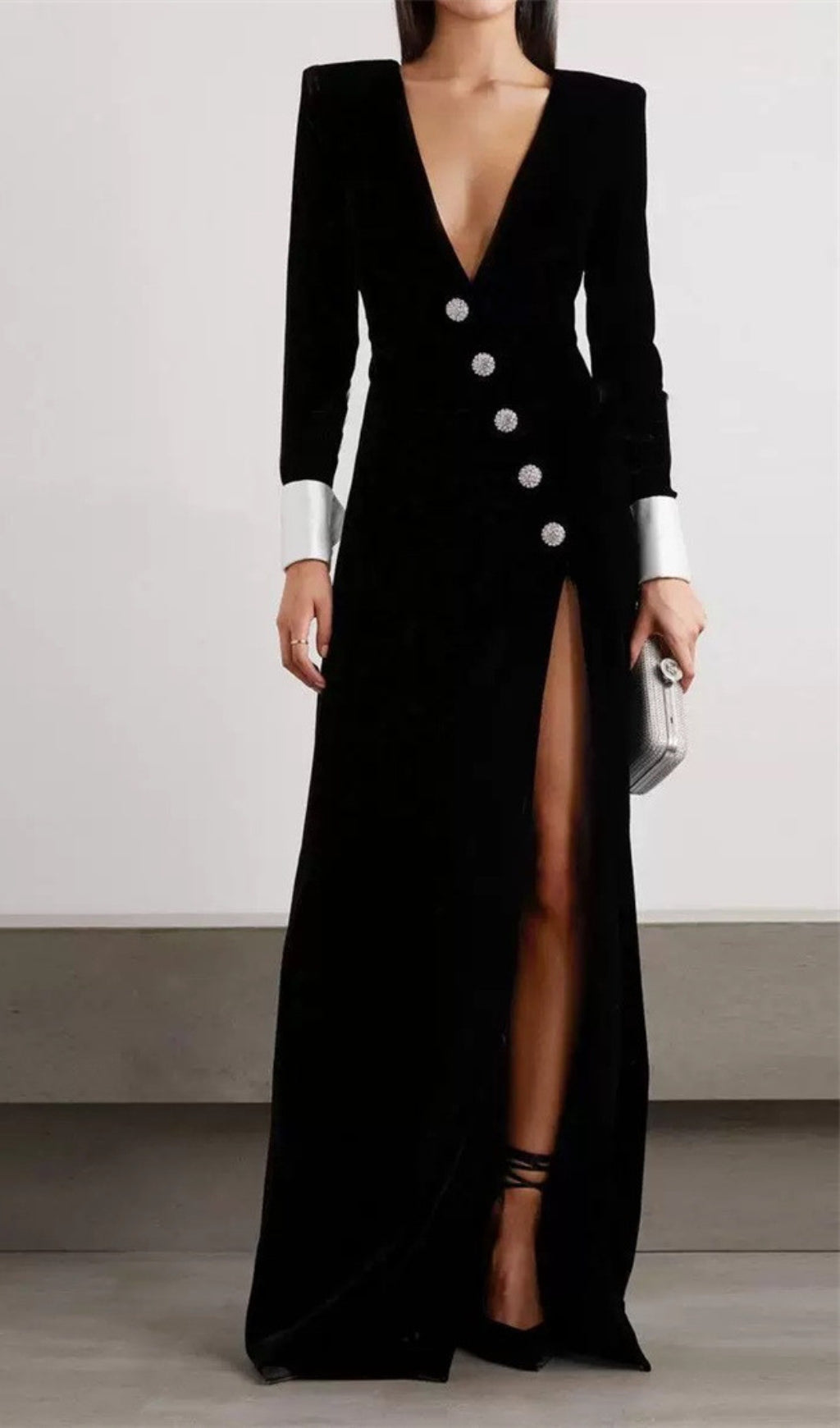 Crown Glamorous Black Velvet Deep V-Neck Maxi Gown with Crystal Buttons