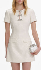 Chic Ivory Sparkle Bow Mini Dress