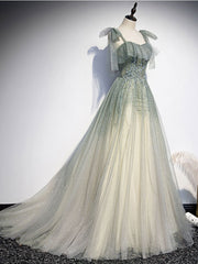 Vestido de fiesta largo con tirantes de tul verde, corte A y cuentas 
