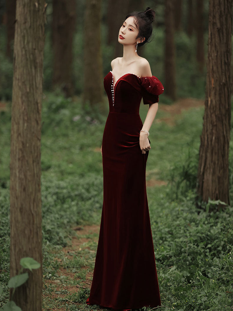 Wine Red Off Shoulder Velvet Mermaid Wedding Party Dress