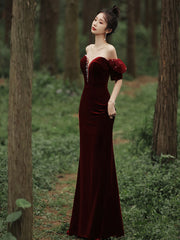 Wine Red Off Shoulder Velvet Mermaid Wedding Party Dress