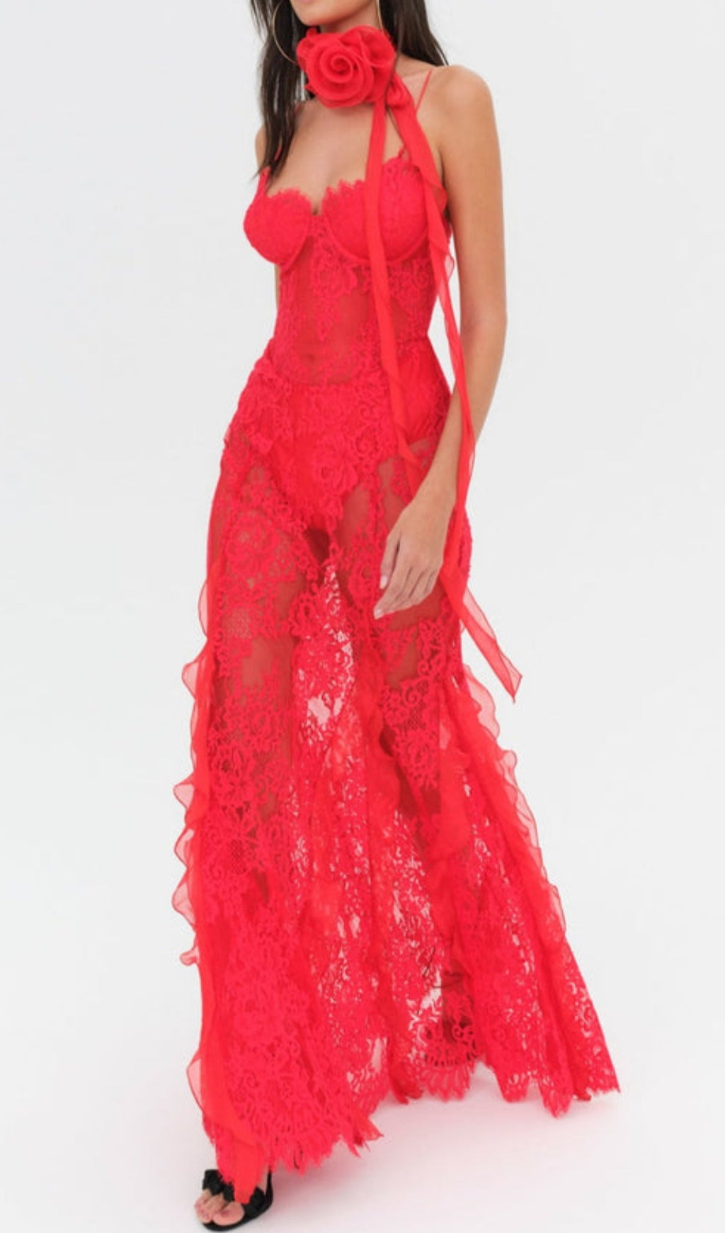 Carola Alluring Red Floral Lace Maxi Dress