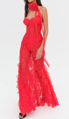 Carola Alluring Red Floral Lace Maxi Dress