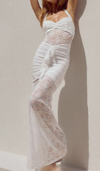 Fusayo Elegant White Halter Ruched Lace Maxi Dress