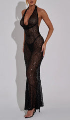 Dazzling Brennen Black Sequin Halter Backless Maxi Dress