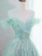 A-line Mint Green Tulle and Sequins Long Prom Dress