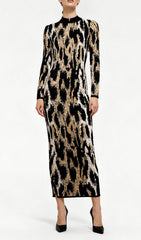 Chic Women's Leopard Print Long Sleeve Midi Dress