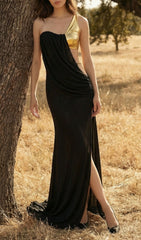 Jailene Glamorous Black & Gold One-Shoulder Chain Maxi Dress