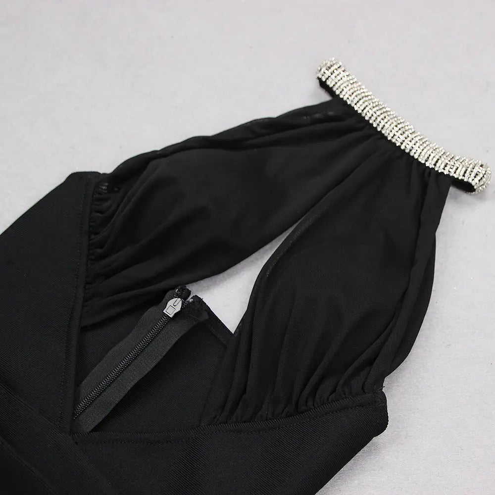 Crystal Halter Plunge Backless Midi Bandage Dress
