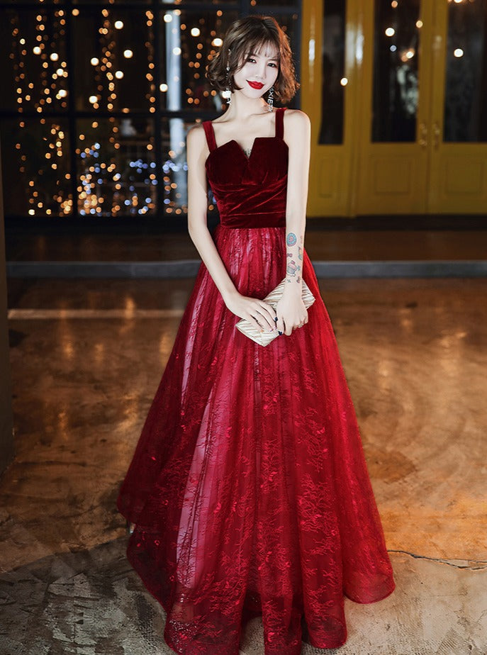 Wine Red A-line Floor Length Velvet and Tulle Straps  Evening Dress Prom Dress