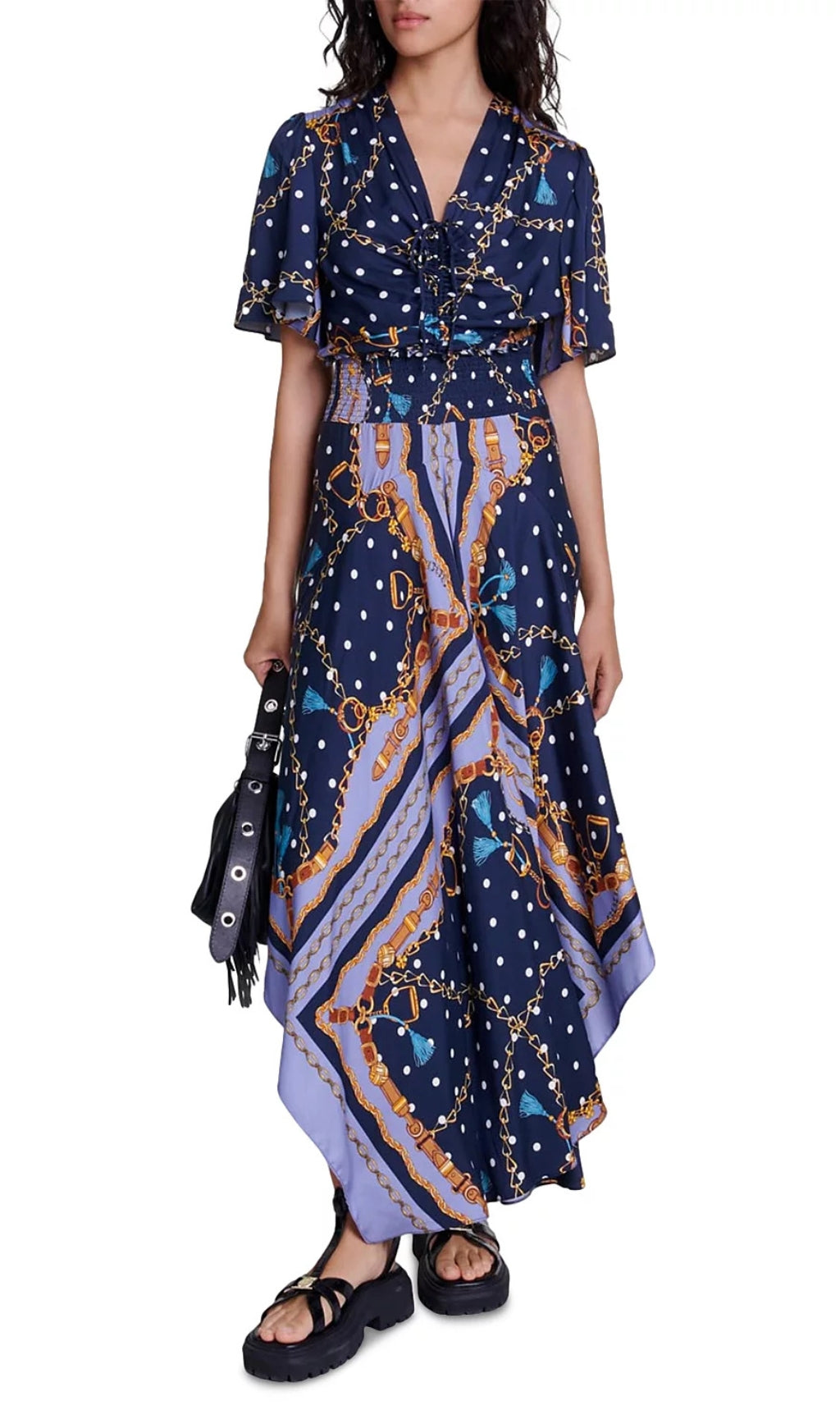 Rachelae Women's Navy Bohemian Scarf Print Midi Dress