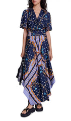 Rachelae Women's Navy Bohemian Scarf Print Midi Dress