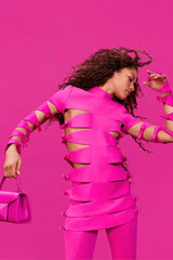 Fuchsia Bow Cut-Out Long Sleeve Bandage Mini Dress