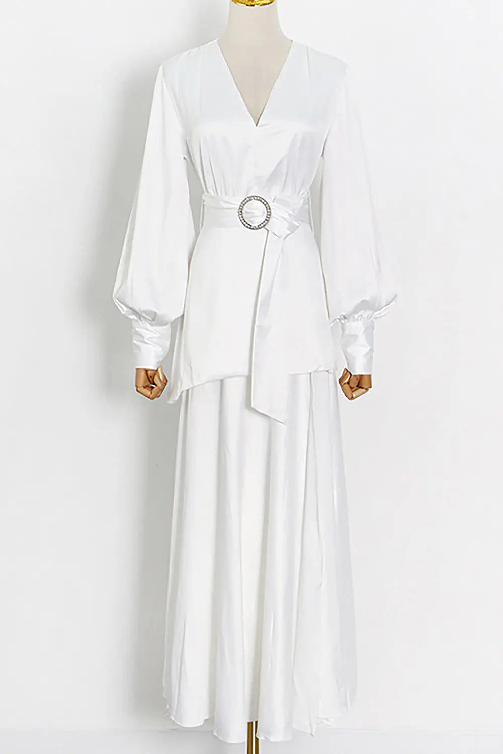 Elegant White Deep V Lantern Sleeve High Slit Maxi Dress for Women