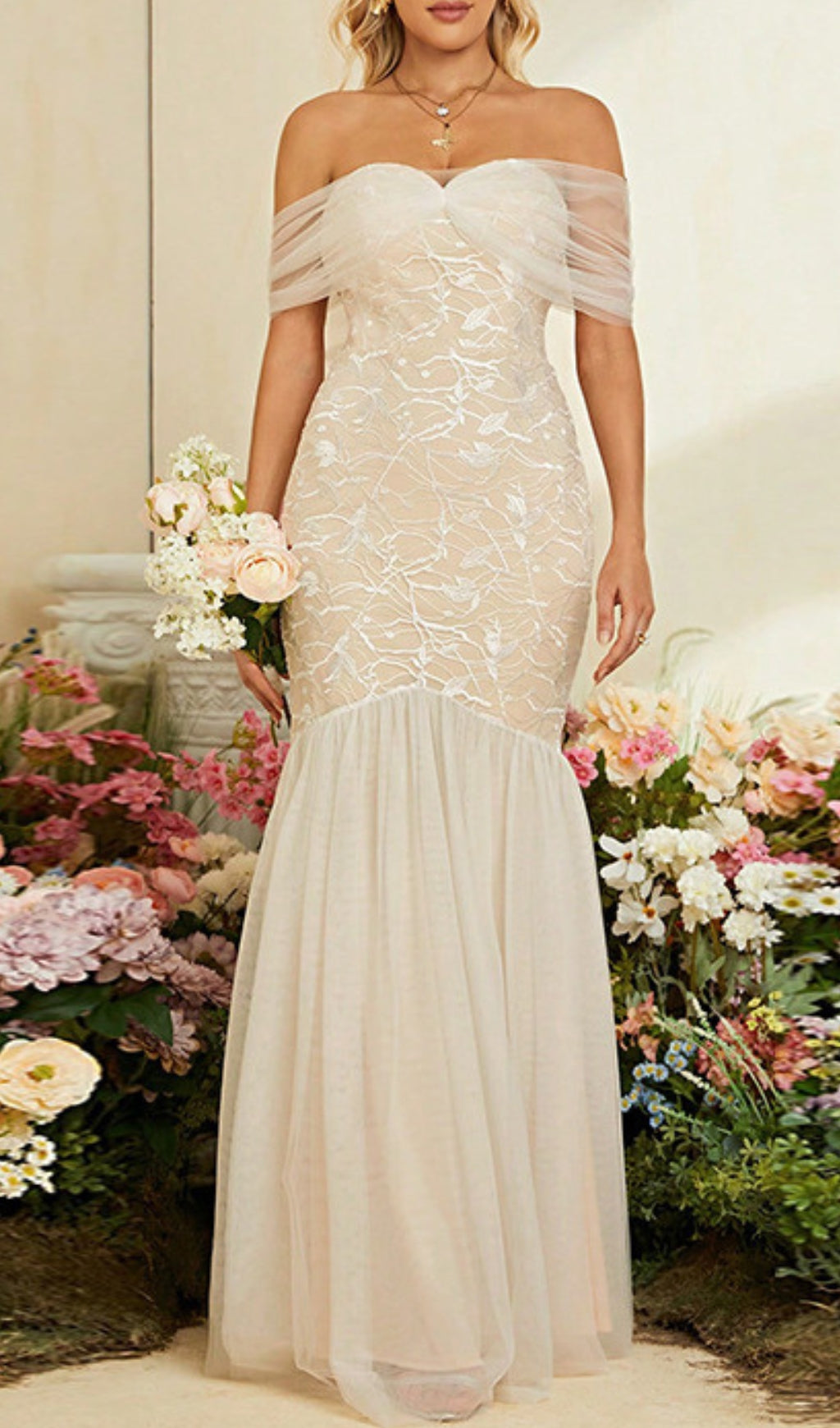 Devyn Elegant Off-Shoulder Lace Mesh Maxi Dress