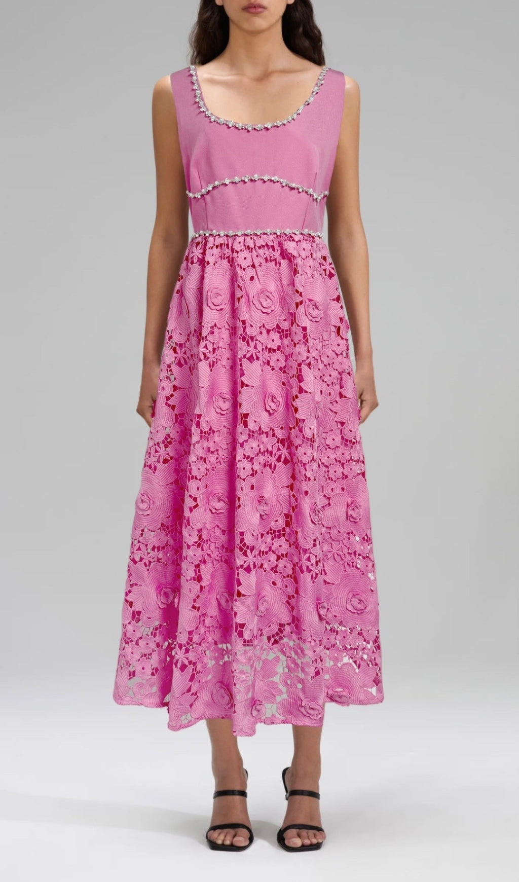 Earline Fuchsia Embellished Floral Lace Midi Dress