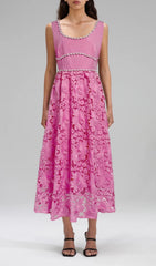 Earline Fuchsia Embellished Floral Lace Midi Dress
