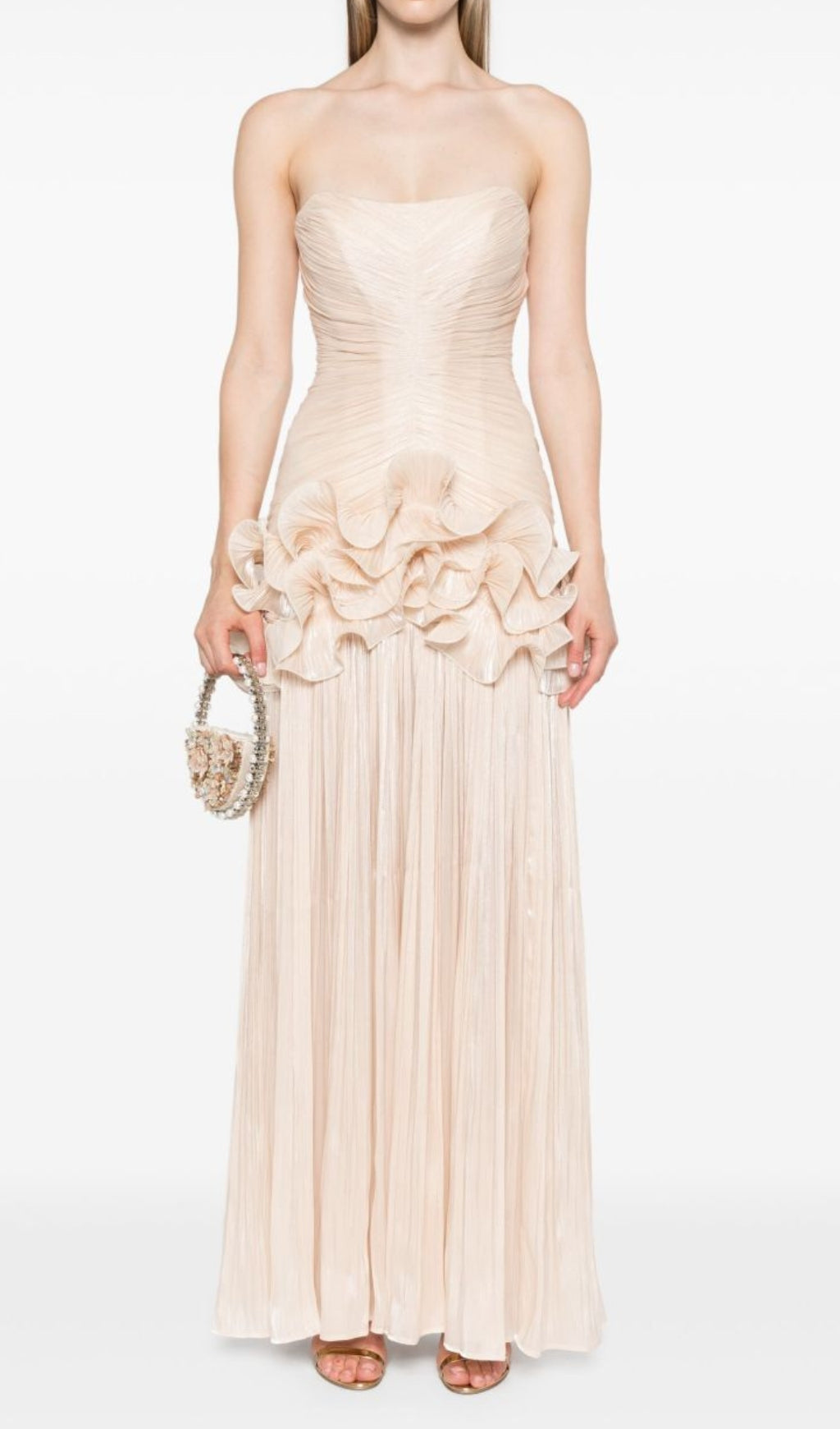 Dayna Metallic Pleated Ruffle Strapless Maxi Gown