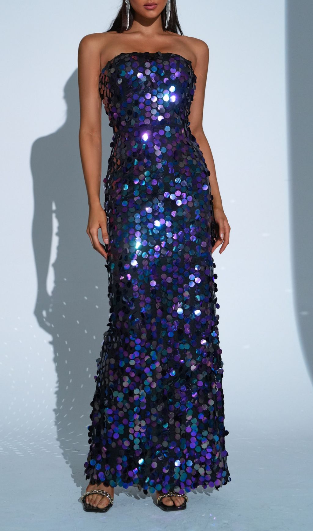 Fiene Dazzling Iridescent Sequin Strapless Maxi Gown