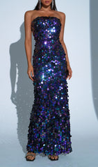Fiene Dazzling Iridescent Sequin Strapless Maxi Gown