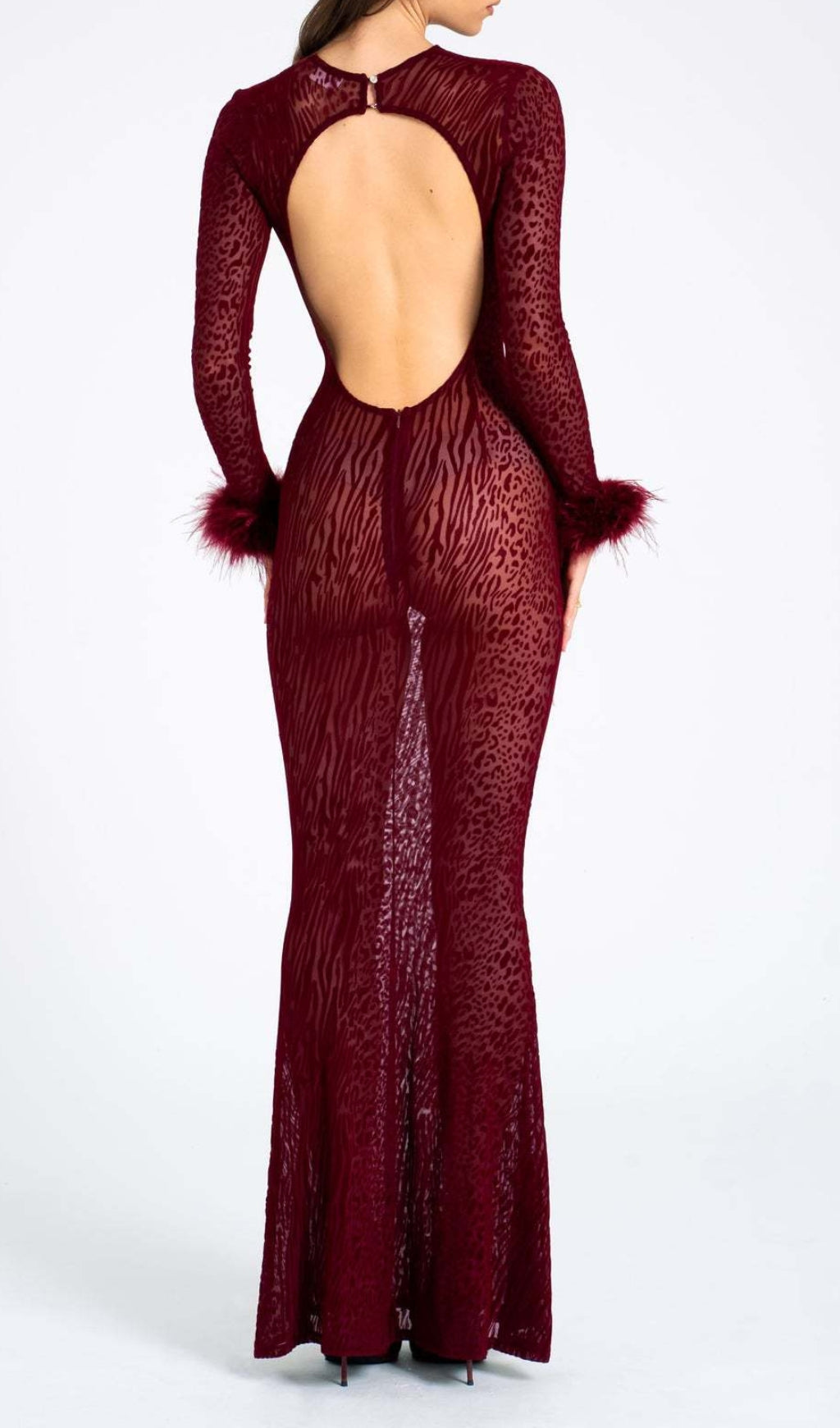 Cascata Glamorous Wine Velvet Mesh Feather Maxi Dress with Cuffs