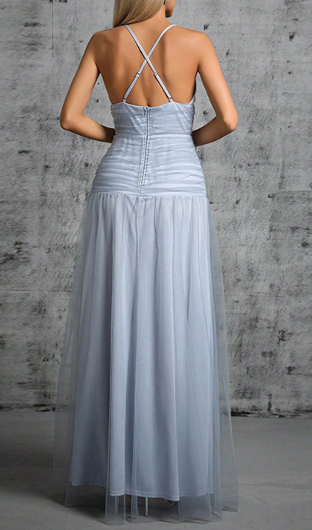 Doman Ethereal Dusty Blue Lace & Mesh Maxi Dress
