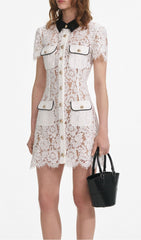 Fikret Chic White Floral Lace Mini Dress with Contrast Collar