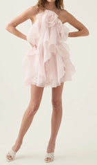 Pandorea Dreamy Pastel Pink Ruffle Halter Mini Dress