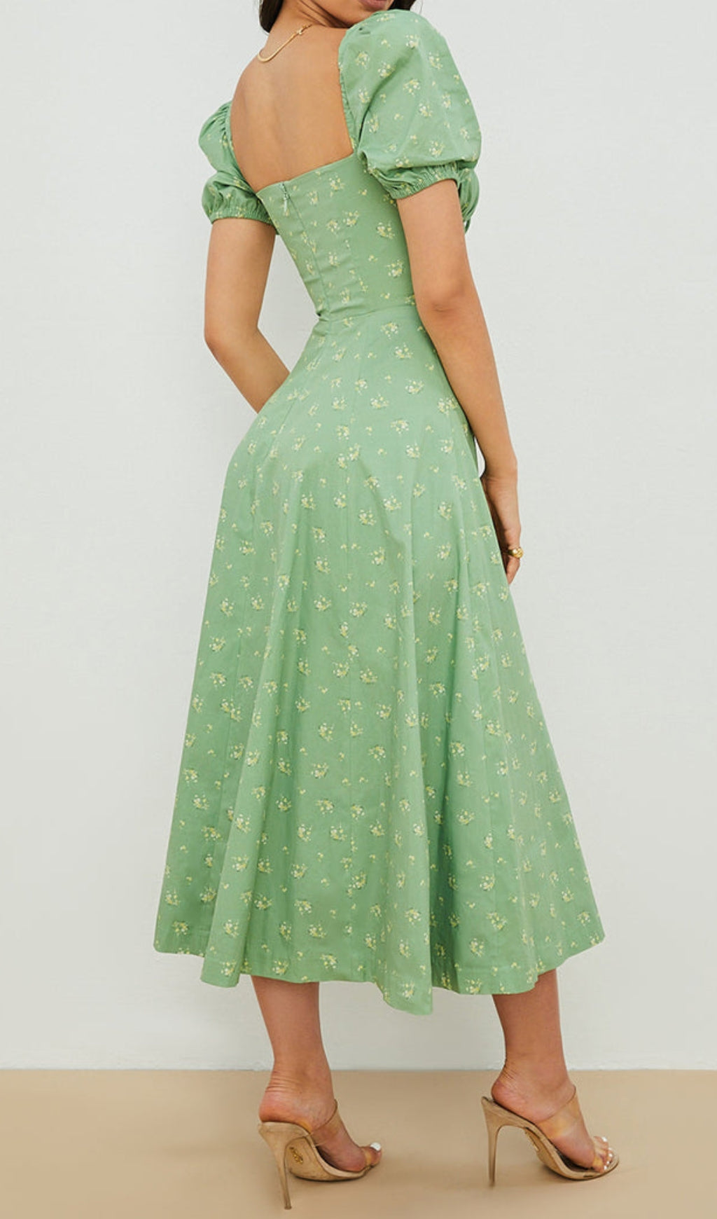 Elegant Green Floral Puff Sleeve Midi Dress