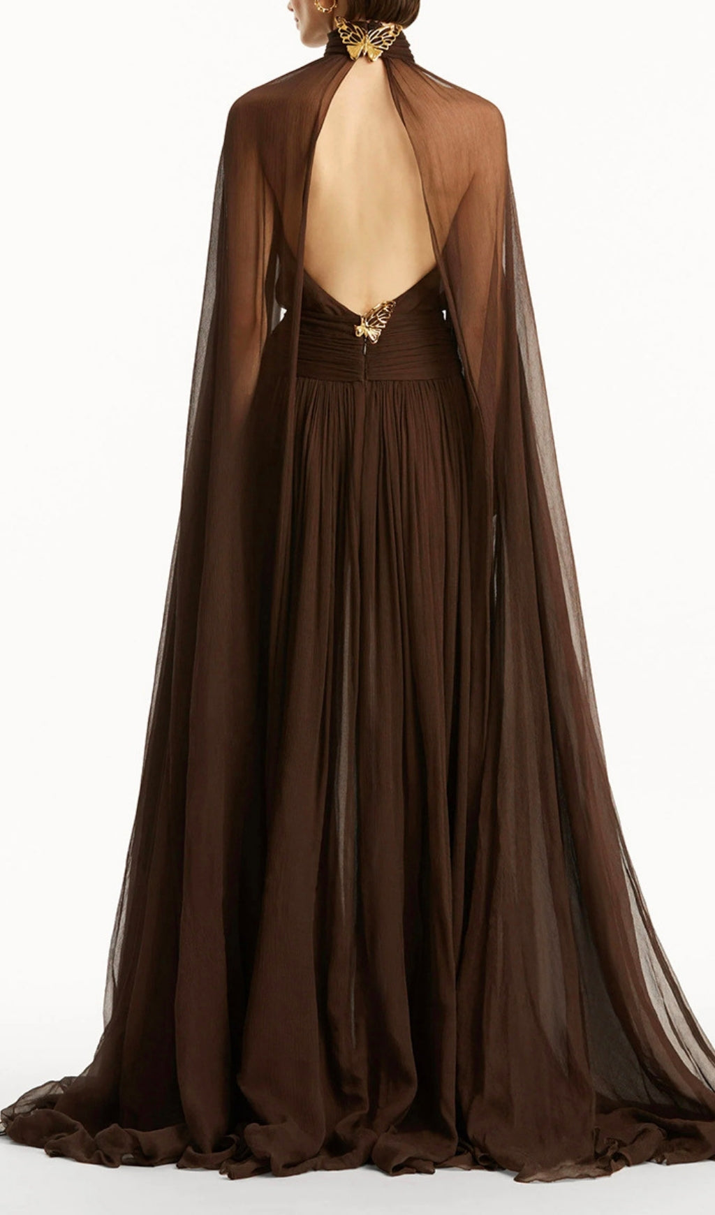 Franz Ethereal Coffee Brown Mesh Cape Maxi Dress
