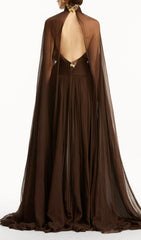 Franz Ethereal Coffee Brown Mesh Cape Maxi Dress