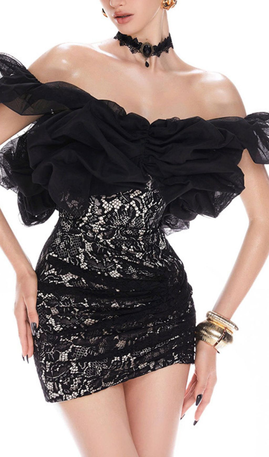Isqesis Black Lace Off-Shoulder Mini Dress