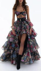 Eabha Daring Floral High-Low Maxi Dress with Cut-Out Bodice