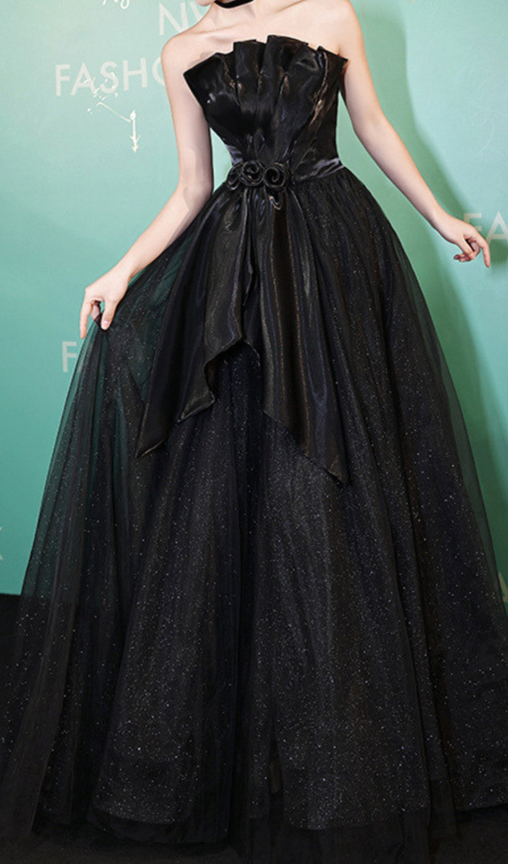 Chiyeko Black Strapless Sparkle Tulle Gown with Elegant 3D Rose Detail