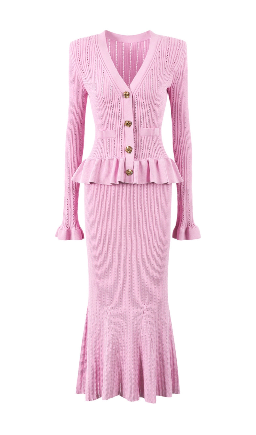 Etsuko Chic Pink Knit Peplum Cardigan & Mermaid Maxi Skirt Set
