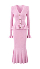 Etsuko Chic Pink Knit Peplum Cardigan & Mermaid Maxi Skirt Set