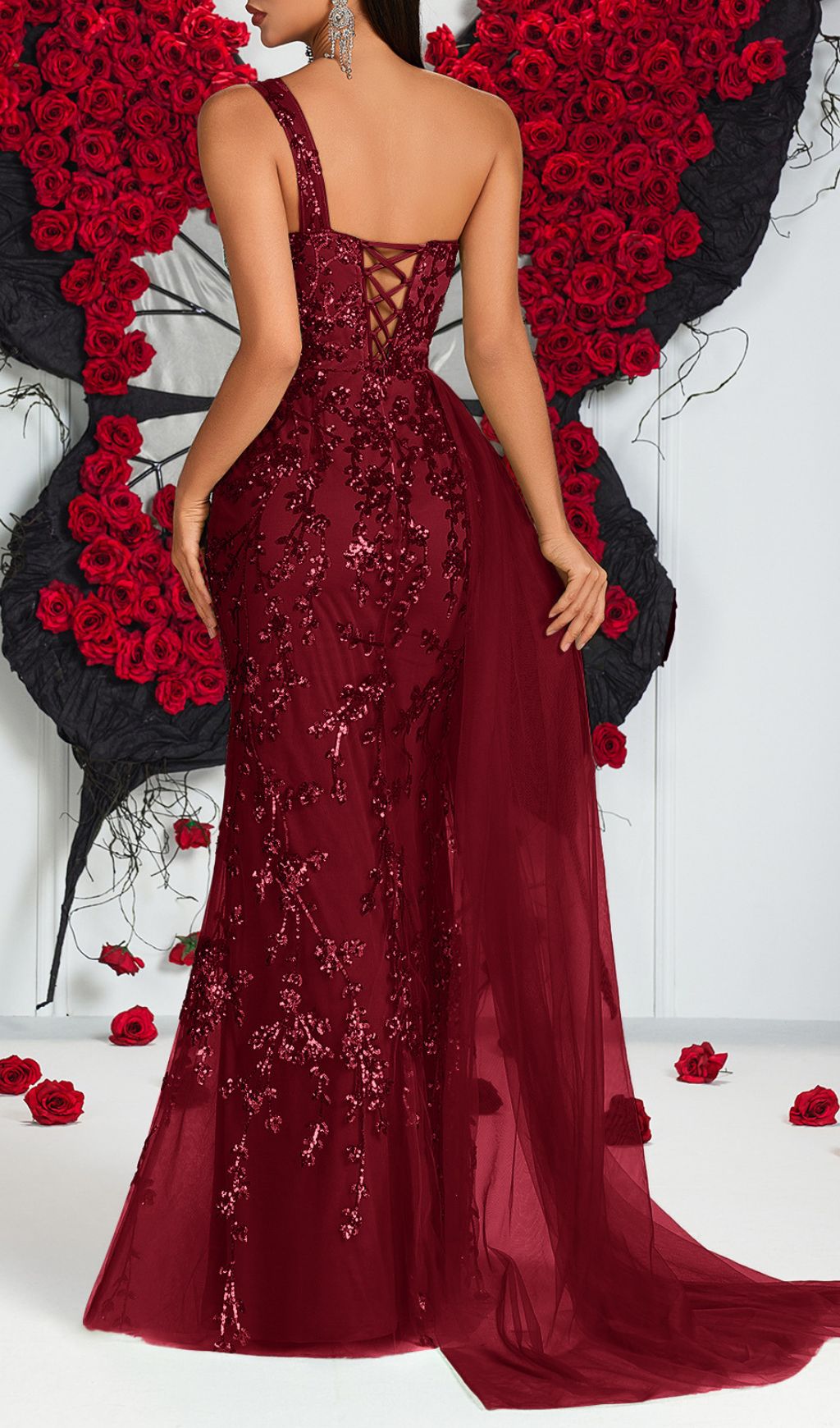 Jenne Glamorous One-Shoulder Sequin Mesh Maxi Gown with Slit