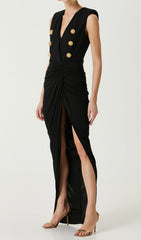 Delphia Black Gold Button Slit Maxi Dress