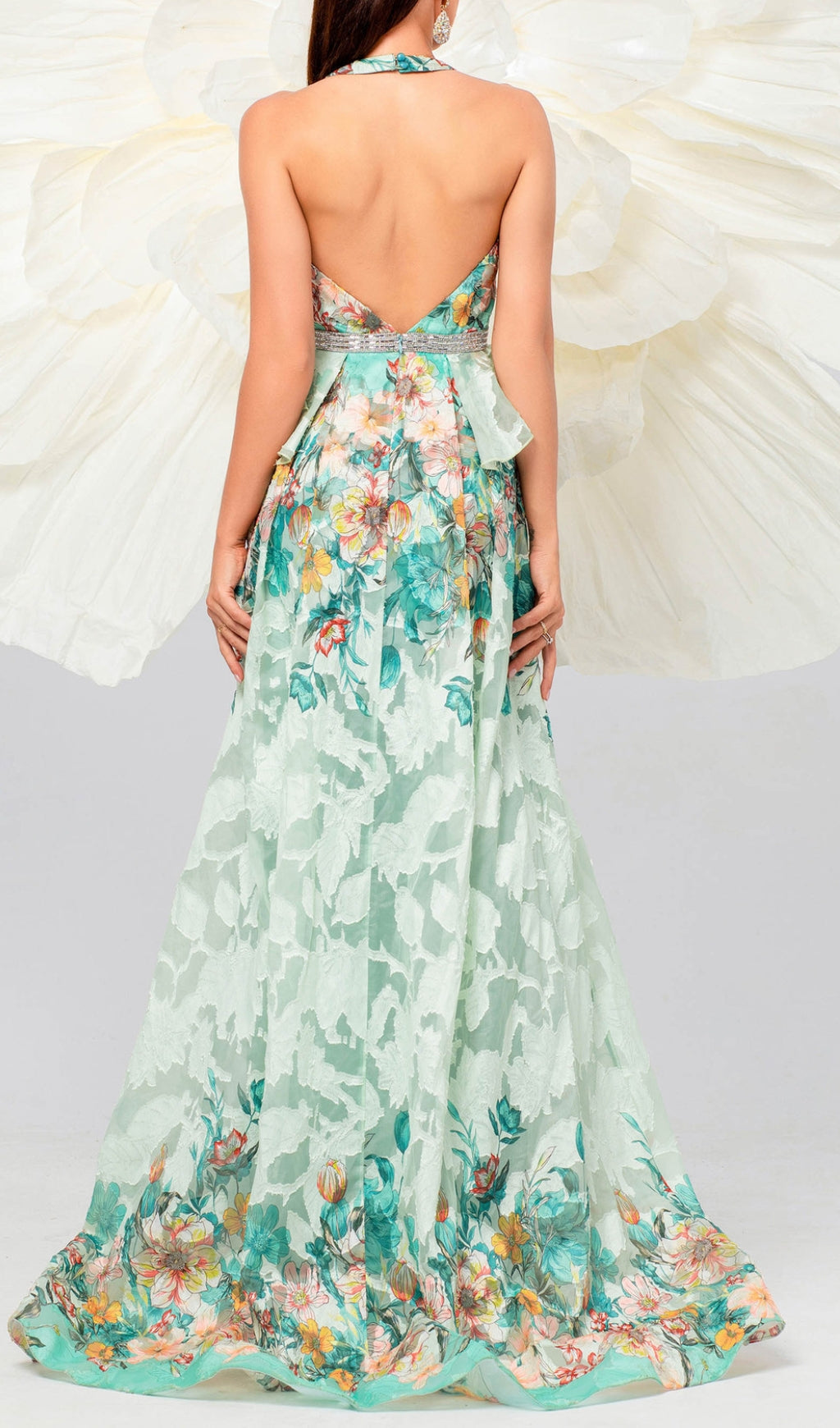Brona Green Halter Neck Floral Maxi Dress with Thigh Slit & Peplum Detail