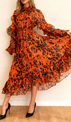 Chic Orange Leopard Ruffle Midi Dress