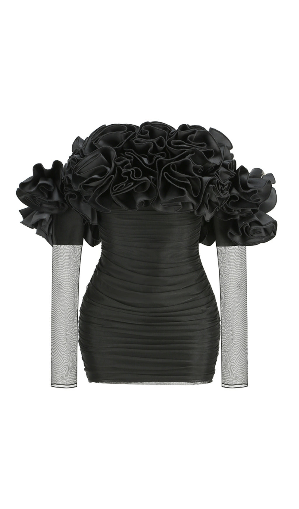 Bard Black Off-Shoulder Floral Ruffle Mesh Mini Dress