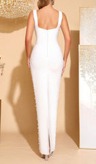 Habiba White Pearl & Floral Beaded Bandage Maxi Gown