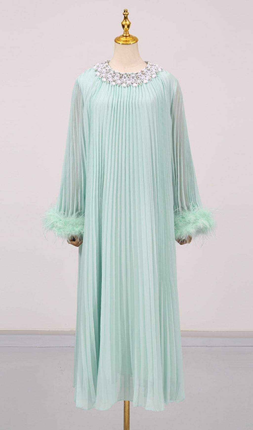 Felipe Mint Green Embellished Maxi Gown with Feather Cuffs