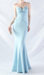 Chrina Elegant Blue Strapless Ruched Mermaid Maxi Gown