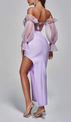 Glamorous Lilac Off-Shoulder Corset Midi Dress with Sheer Puff Sleeves & High Slit